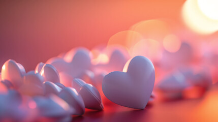 A close-up of delicate hearts scattered on a soft surface, illuminated by warm light, evoking love and romance.