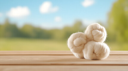 A close-up of soft cotton yarn balls displayed on a wooden surface, set against a serene outdoor background with greenery.