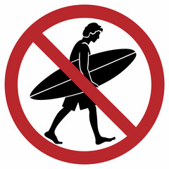 No surfing pictogram shows symbol prohibiting surfer from entering water with surfboard. Pictogram warning emphasizes that surfing is not allowed, depicting icon with prohibition.