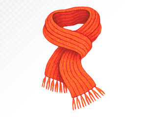 Bright red knitted scarf in simple shape, hand-painted in soft watercolor style with warm texture and cozy seasonal autumn feeling. Vector illustration.