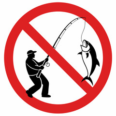 No fishing allowed sign with fisherman and fish silhouette, no fishing allowed symbol clearly illustrates fishing prohibition. Graphic no fishing allowed emblem provides clear instructions,