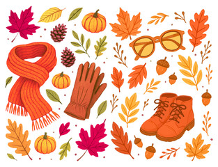 Obraz premium Colorful autumn pattern with boots, scarf, gloves, leaves, acorns, pumpkins and glasses painted in cozy watercolor style with vibrant seasonal palette. Vector illustration.