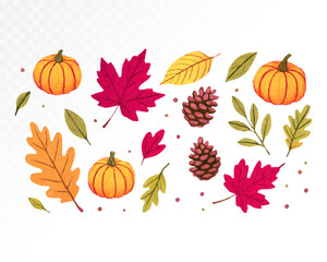 Autumn pattern with colorful maple and oak leaves, pumpkins, pinecones and berries, painted in bright cozy watercolor style. Vector illustration.
