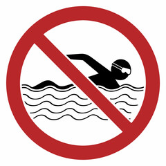 No swimming allowed displayed with an image of a swimmer. No swimming is depicted on a regulatory sign with red circle and slash through it. Concept no swimming allowed for safety guidelines, rules,