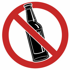 No alcohol symbol featuring black glass bottle crossed out with red circle, symbol prohibiting alcohol consumption. No alcohol restriction and rules, showing restrictions on beverages.