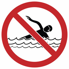 No swimming symbol depicting forbidden activity near dangerous waters. No swimming sign indicates prohibition, showing a figure caught in current and big waves.
