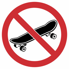 No skateboarding sign displays skateboard symbol in red circle with line. No skateboarding allowed, representing prohibition of skating in specific areas, depicted clearly.