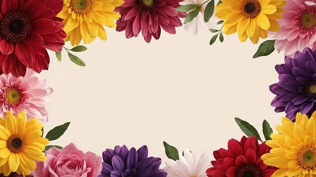 Floral frame with red yellow pink white purple flowers surrounding a tan central space Green leaves add to the colorful border