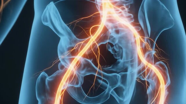 Detailed 3D animation of the human nervous system highlighting the sciatic nerve and hip anatomy showing nerve pathways