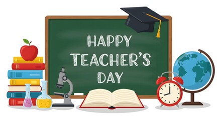 Happy teachers day displayed on a green chalkboard surrounded by educational items like books an apple and a globe
