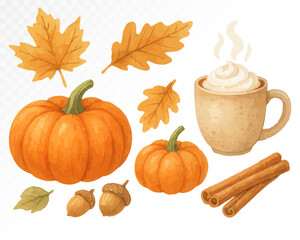 Autumn still life with pumpkins, cinnamon sticks, acorns, fall leaves and hot coffee in mug, painted in warm cozy watercolor style with natural textures. Vector illustration.