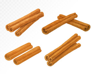 Set of cinnamon sticks drawn in brown watercolor style with detailed texture, symbolizing autumn spices, warmth and cozy seasonal flavors. Vector illustration.