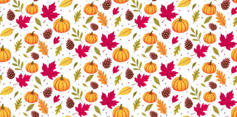 Lively watercolor vector featuring a festive autumn pattern with pumpkins, leaves, and acorns, ideal for adding a warm seasonal touch to your designs.