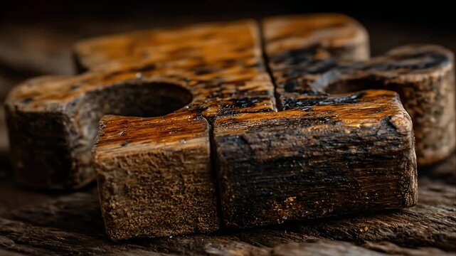 Four interlocking wooden puzzle pieces arranged on a textured surface