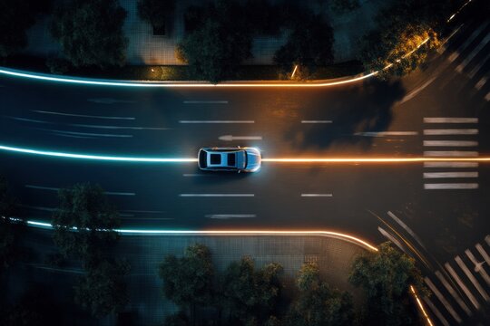POV of an autonomous car drone driving through a smart city road with glowing AR road signs, soft lighting. - Powered by Adobe