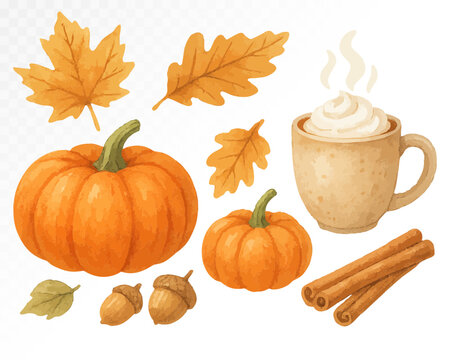 Autumn still life with pumpkins, cinnamon sticks, acorns, fall leaves and hot coffee in mug, painted in warm cozy watercolor style with natural textures. Vector illustration. - Powered by Adobe