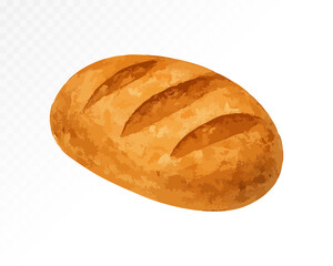 Watercolor realistic loaf of rustic bread with textured crust, depicted in warm tones on a white background for food-themed designs. Vector illustration.