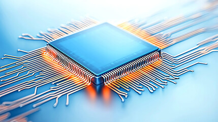 A close-up view of a computer chip showcasing intricate circuitry, symbolizing innovation and advanced technology.