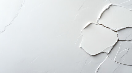 A close-up view of a cracked white wall, highlighting texture and detail in paint, suitable for design and renovation themes.
