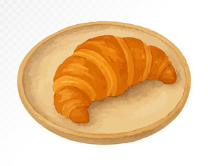 Watercolor golden croissant on ceramic plate, detailed hand-painted food illustration in warm tones, ideal for breakfast or bakery designs. Vector illustration.