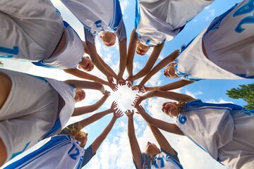 Women basketball team shows solidarity by forming a supportive circle beneath a clear sky. Concept of shared focus, youth rituals in sport, fitness education, marketing for athletic brands
