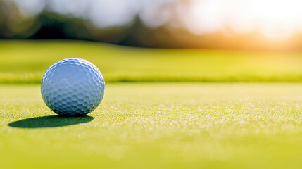 A close-up view of a golf ball resting on vibrant green grass, with warm sunlight illuminating the scene, capturing a serene moment in sports.