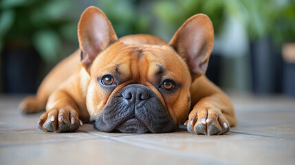 A close-up view of a relaxed French Bulldog lying on a tiled floor, surrounded by greenery. Captures the essence of pet companionship.