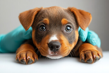 A close-up view of a playful puppy resting its head on a surface, showcasing its adorable features and expressive eyes.