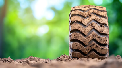 A close-up view of a muddy tire resting on soil, surrounded by a natural green background, symbolizing off-road adventures.