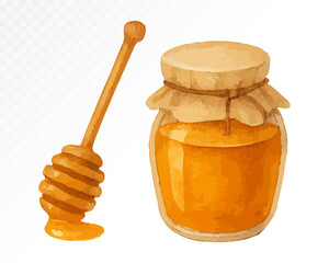 Watercolor honey jar with wooden dipper and golden tones, realistic and appetizing illustration suitable for breakfast or organic food themes. Vector illustration.