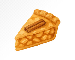 Watercolor realistic slice of homemade apple pie with visible filling and golden crust, detailed food illustration perfect for bakery or dessert design. Vector illustration.