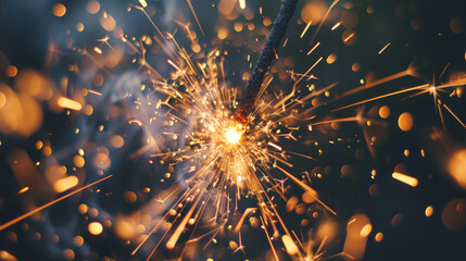 A close-up view of a sparkler igniting, producing stunning sparks of light against a dark background, evoking a sense of joy and celebration.