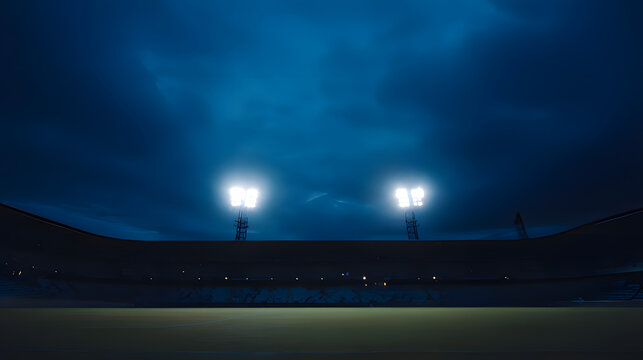 Empty soccer stadium at dusk with glowing floodlights casting dramatic shadows on the pitch.