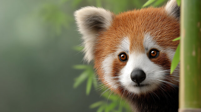 A close-up portrait of a red panda peeking through bamboo leaves in a serene environment, showcasing its captivating features.