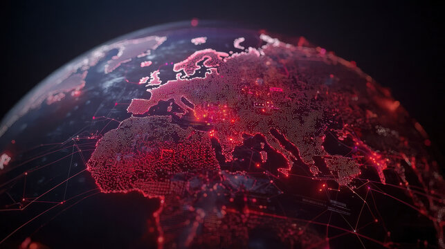 A close-up view of a digital globe highlighting Europe with vibrant red connections, symbolizing technology and global communication. - Powered by Adobe