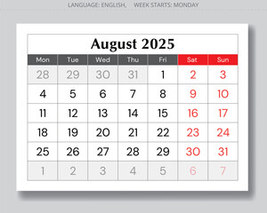 2025 august calendar. Vector English monthly page. Design Monday start