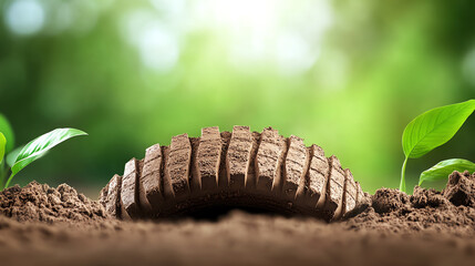 A close-up view of a tire embedded in soil with young green plants growing around, symbolizing nature's resilience and renewal.