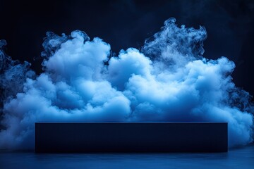Dark, moody scene with a dark rectangular platform and swirling blue smoke