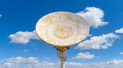 A close-up view of an old satellite dish against a clear blue sky, showcasing technology's evolution and outdoor aesthetics.