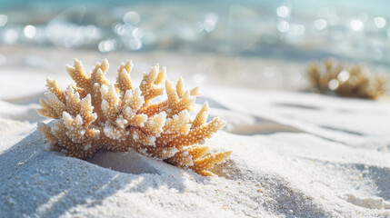 A close-up view of coral resting on sandy beach, showcasing the beauty of marine life and the importance of ocean ecosystems.