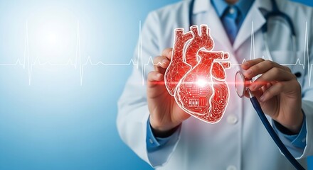 Doctor examining digital heart with stethoscope, cardiology, healthcare technology, futuristic medicine, diagnosis, medical innovation, blue background, ECG line