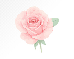 Watercolor floral frame with a single pink rose and green leaves, minimal botanical element for wedding cards, invitations, and elegant designs. Vector illustration.