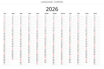Simple 2026 turkish calendar planner with minimalist design Turkey