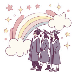 Graduates celebrate future success under a pastel rainbow and sparkling stars