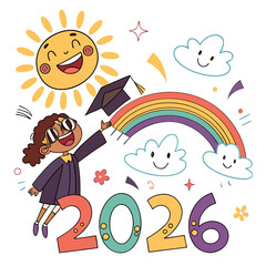 Joyful graduate celebrates with rainbow and sun in 2026 graduation artwork