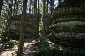 Sandstone rock formations on the 770-meter-high mountain called Koruna in North Bohemia, Czech Republic