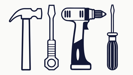 Collection of hand tools and power drill on white background
