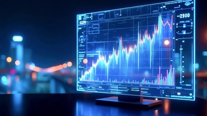 Futuristic digital screen displaying stock market trends at night by a city waterfront with lights - Powered by Adobe