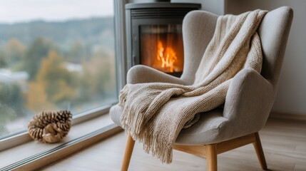 A chair with a blanket draped over it sits in front of a fireplace