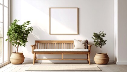 Modern entryway with wooden bench and plants